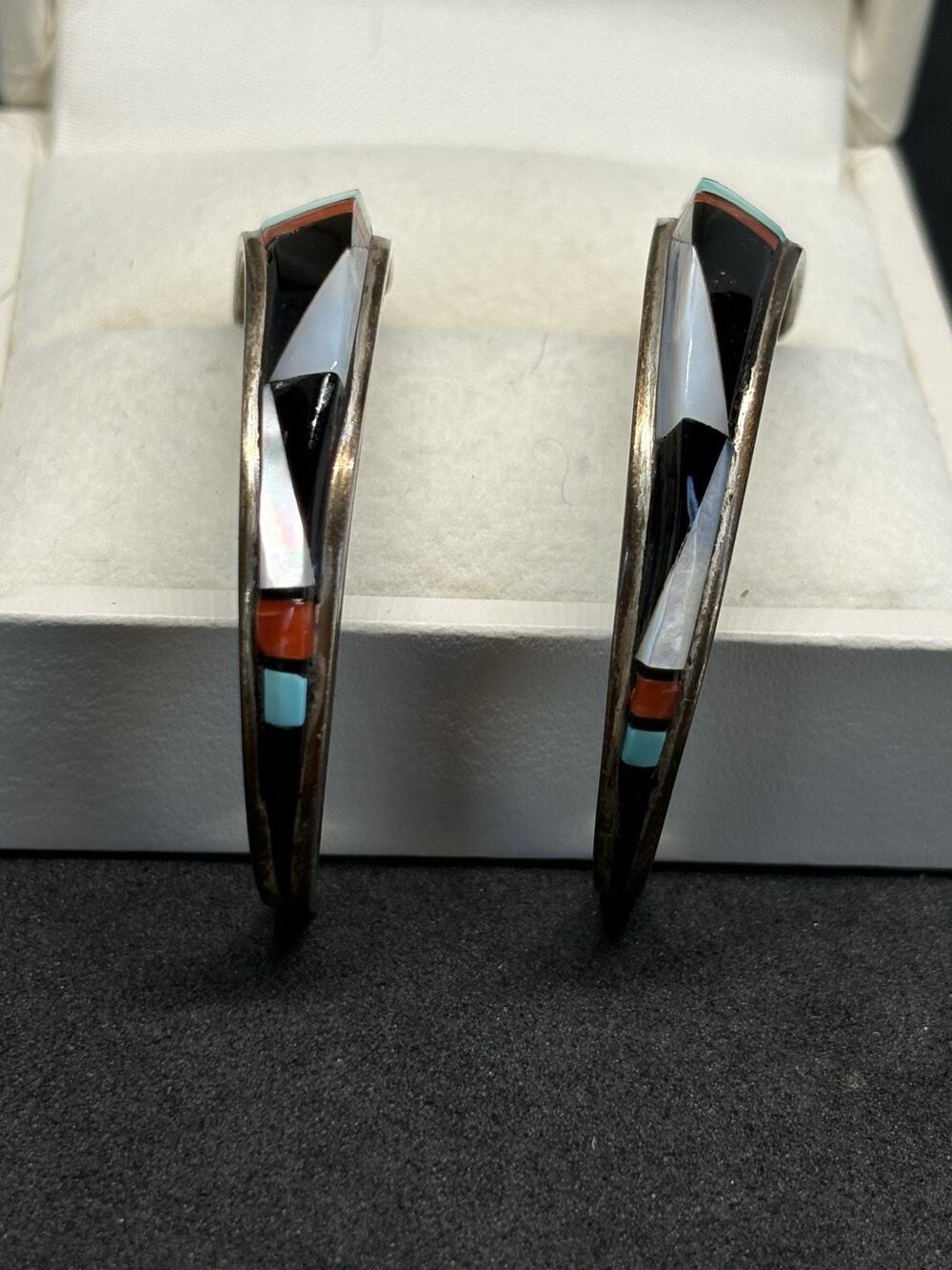 Native American Sterling Silver Inlay Zuni Onyx Coral Turquoise Hoop Earrings